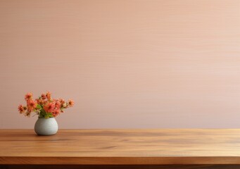 empty mockup space on a wooden tabletop against a plants on pot, minimal wooden living room as a background. AI Generative.