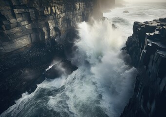 Aerial view of rocky coastline. Waves hitting in rocks. Birds eye view of the sea, cinimatic sea and moutain view. AI Generative.