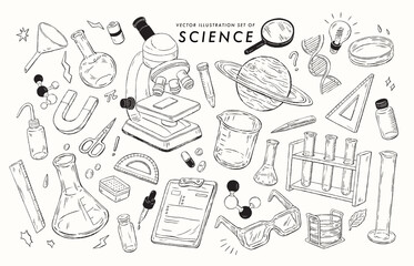 Collection of Hand-Drawn Sketches of Various Tools in the Science Lab: Flask, Microscope, Test Tube, Beaker, Petri Dish, Safety Goggles, Celestial Bodies, DNA, Molecular Model, Protractor, Ruler