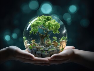 ESG environment social governance concept. Hand-holding crystal globe. Business cooperation for a sustainable environment.World sustainable environment concept. AI Generative.