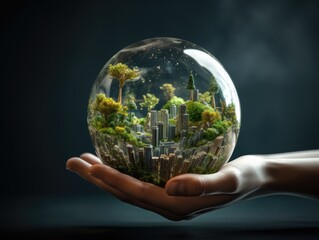 ESG environment social governance concept. Hand-holding crystal globe. Business cooperation for a sustainable environment.World sustainable environment concept. AI Generative.