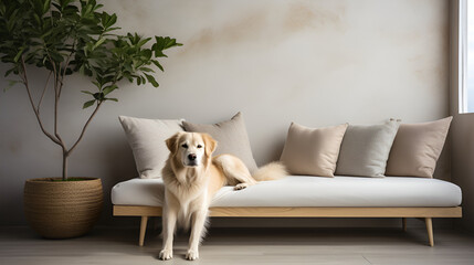 White Dog Sitting on Sofa in Modern Home Minimalist Interior