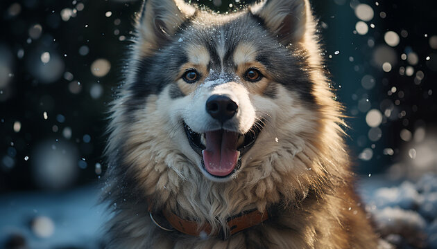 Cute puppy sitting in snow, looking at camera, playful and fluffy generated by AI
