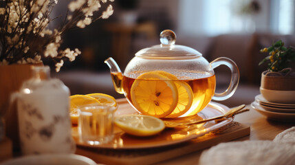 Fototapeta premium tea with lemons in a glass pot