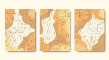 Autumn vector card templates collection with hand drawn leaves and abstract shapes background. Autumn foliage illustrations for social media, print, card, banner