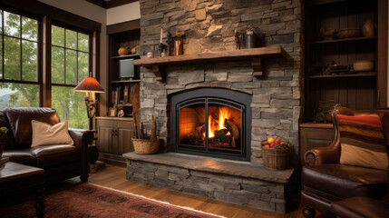 A cozy fire in a chic fireplace in a living room - obrazy, fototapety, plakaty