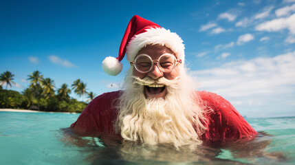 Santa Claus is bathing and enjoying tropical lagoon water with white sand beach and coconut trees