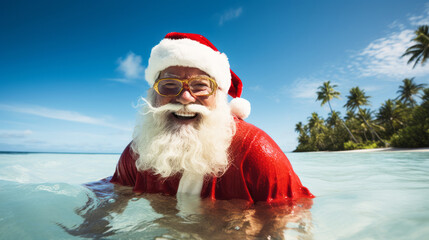 Santa Claus is bathing and enjoying tropical lagoon water with white sand beach and coconut trees
