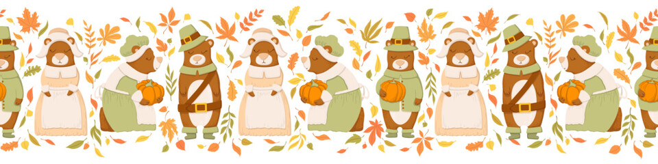 Seamless horizontal pattern with cute bears, autumn leaves and branches isolated on white background. Vector illustration for print, wrapping paper, banner, card, wallpaper