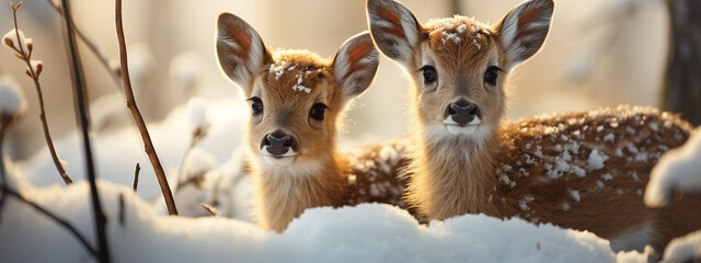 Two Adorable Fawn Deer in The Wintery Wilderness. Generative AI. - obrazy, fototapety, plakaty