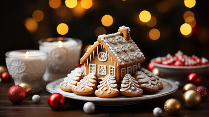 Christmas Gingerbread House and Treats on a Small Plate Amist the Decorations. Generative AI.