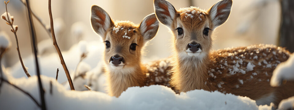 Two Adorable Fawn Deer in The Wintery Wilderness. Generative AI.