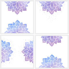 Set of templates, backgrounds with silhouettes of purple lilac stylized flowers with watercolor texture and splatter - 655510195