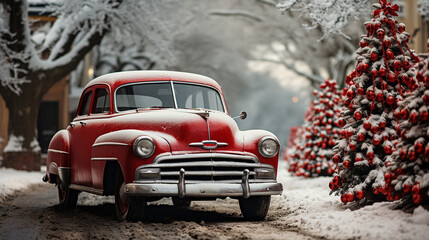 Classic Vintage Car Parked Outside The Festively Christmas Decorated Shops. Generative AI.