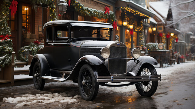 Fototapeta Classic Vintage Car Parked Outside The Festively Christmas Decorated Shops. Generative AI.