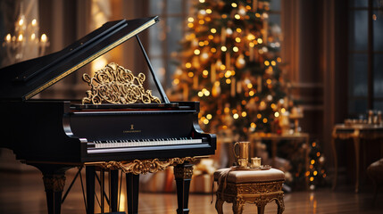 Classic Ornate Grand Piano In A Christmas Decorated Music Room. Generative AI.