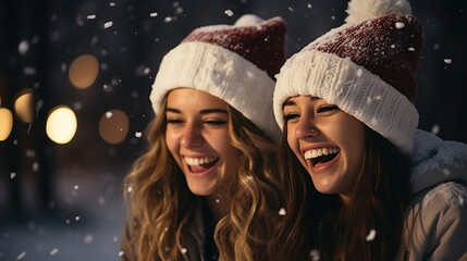 Festive Young Girls Wearing Santa Hats Laughing Together In the Snowy Evening. Generative AI.