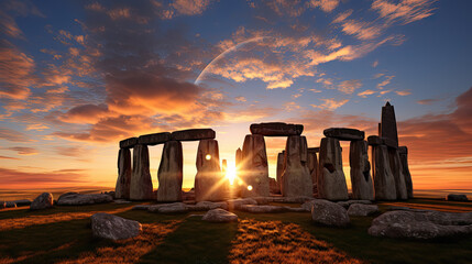 Rocks arranged in a circle at sunset