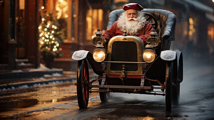White Bearded Older Man Driving Classic Vintage Car Down The Festively Christmas Decorated Street. Generative AI.