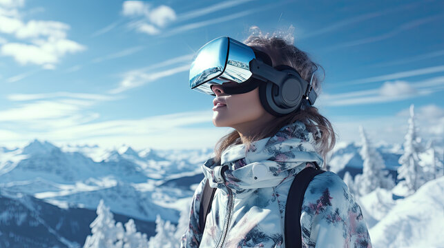 A woman with VR glasses in nature in winter