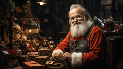 Santa Claus Working in his Workshop. Generative AI.