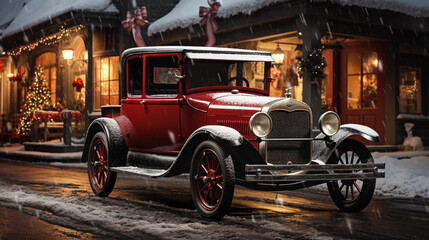 Classic Vintage Car Parked Outside The Festively Christmas Decorated Shops. Generative AI.