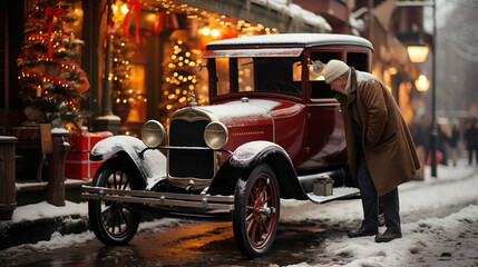 Warmly Dressed Man Admiring the Classic Vintage Car Parked In Front of the Christmas Decorated Shop on the Street. Generative AI.