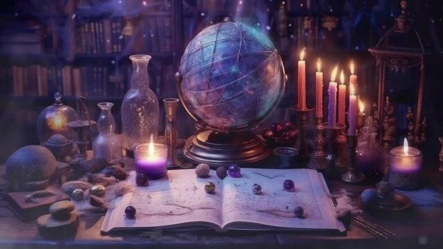 A Mysterious Alchemist, Wizard, or Witch Desk / Table Room with Book of Spells, Ingredients, Flickering Candles, Magic Orb, Mystical Items. Animated Looping Background. Vtuber Backdrop. Seamless Loop.