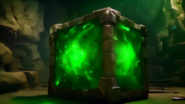Green Gelatinous Cube Monster in a Spooky Dungeon. Creepy Trapped Glowing Cube RPG Creature in Underground Room. Role Playing / Video Game Style Animated Clip. 