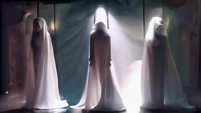 Slow Zoom on Spooky Wraith Women with Fabric Covered Faces. Scary Floating Ghost Girls with Flowing White Robes & Creepy Inhuman Faces. Female Spirits, Goddesses, Fates. Halloween Horror Animated Clip
