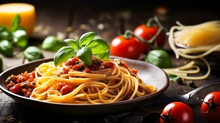 Italian spaghetti on rustic wooden table. Mediterranean cuisine with pasta ingredients- bolognese sauce, olive oil, basil and tomato. - obrazy, fototapety, plakaty