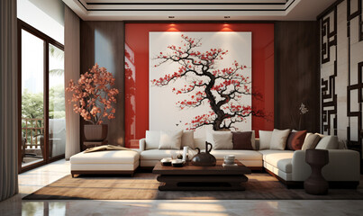 Modern living room featuring asian style interior design with stylish sofa, wall, table, artwork and beautiful decor