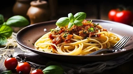 Fototapeten Italian spaghetti on rustic wooden table. Mediterranean cuisine with pasta ingredients- bolognese sauce, olive oil, basil and tomato. © Lucky Ai