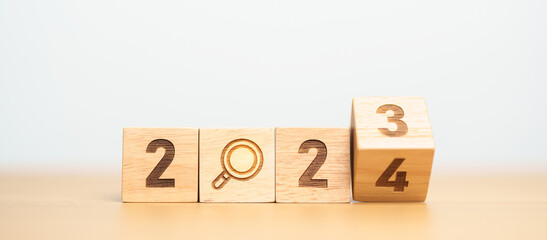 2024 block with magnifying glass icon. SEO, Search Engine Optimization, hiring , Advertising, Idea,...