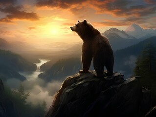 a bear with a large body and strong physique on a cliff with a beautiful view