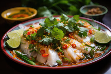 pla nueng manao, Thai food showcasing steamed fish topped with a zesty lime and chili garlic sauce - obrazy, fototapety, plakaty
