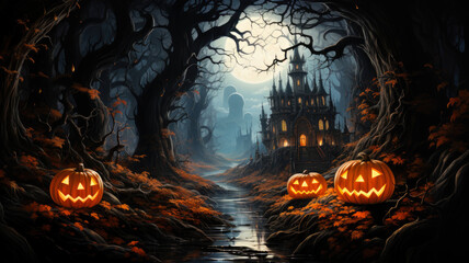 Scary Halloween Pumpkins Behind Spooky Castle, Moon and Forest - Eerie Atmospheric Illustration, AI Generated 8K - obrazy, fototapety, plakaty