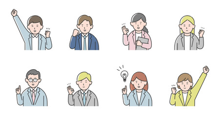喜ぶ、笑顔、ポジティブな表状のビジネスパーソンのイラストセット