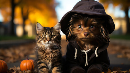 Cat and Dog with Adorable Halloween Costumes, AI Generated, 8K
