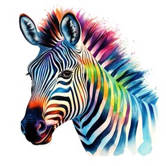 Fototapeta na wymiar Colorful zebra image, watercolor illustration isolated on white background