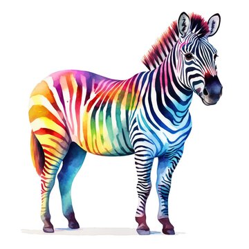 Colorful zebra image, watercolor illustration isolated on white background