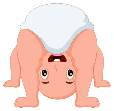Cute baby bending over while looking from between legs. Vector illustration