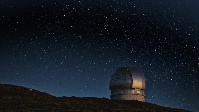 Time-lapse, night shot, starry sky, observatory, Roque de Los Muchachos, La Palma, Spain, Europe