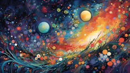 The two planets are decorated with vibrant flowers that demonstrate a balanced, lively dance in the brilliant spiral of the universe