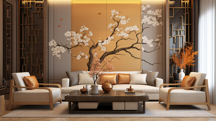 Modern living room featuring asian style interior design with sofa, wall, table, and stylish decoration 
