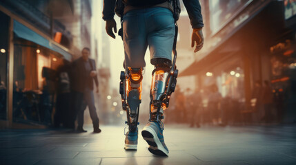 A person with a mobility impairment using a cutting-edge exoskeleton for gait rehabilitation and improved mobility