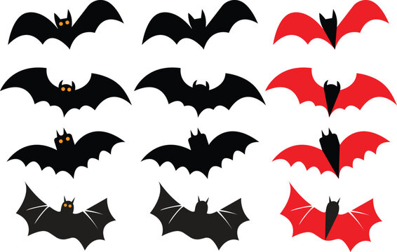 Bat horror icons set. Sticker with black mouse for Halloween decorations. Simple icons with animal from different sides flies, hangs, sleep. Flying fox night creatures isolated on transparent.