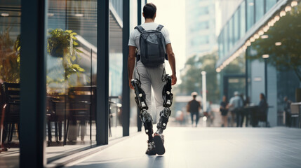A person with a mobility impairment using a robotic exoskeleton to stand and walk,  experiencing newfound mobility and independence
