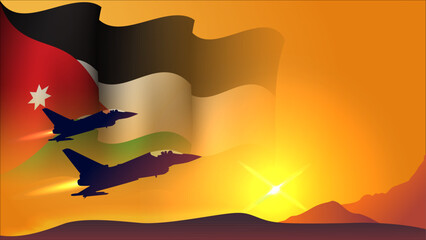 fighter jet plane with jordan waving flag background design with sunset view suitable for national jordan air forces day event