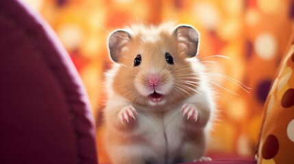 An image capturing a cute hamster's paws engaged in playful activity, set against a textured, playful patterned background, with room for text to accompany the paws. AI generated - obrazy, fototapety, plakaty